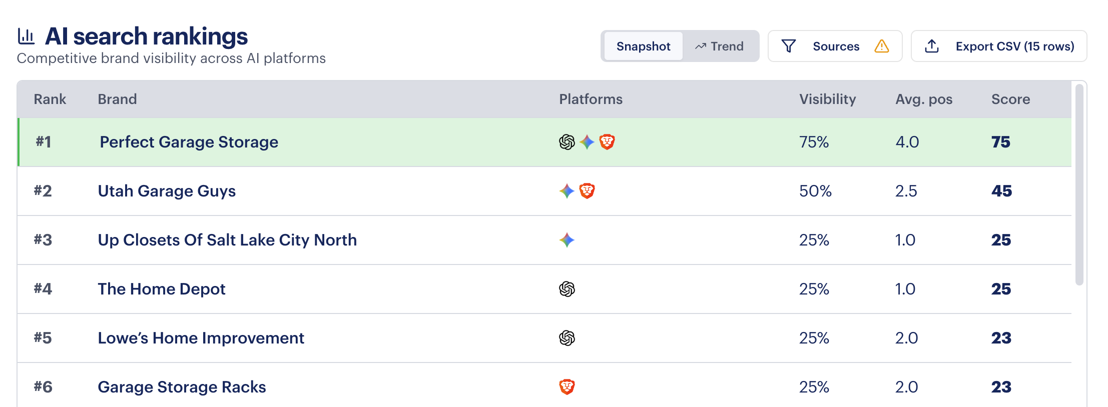 AI search rankings — Perfect Garage Storage ranked #1 across AI platforms